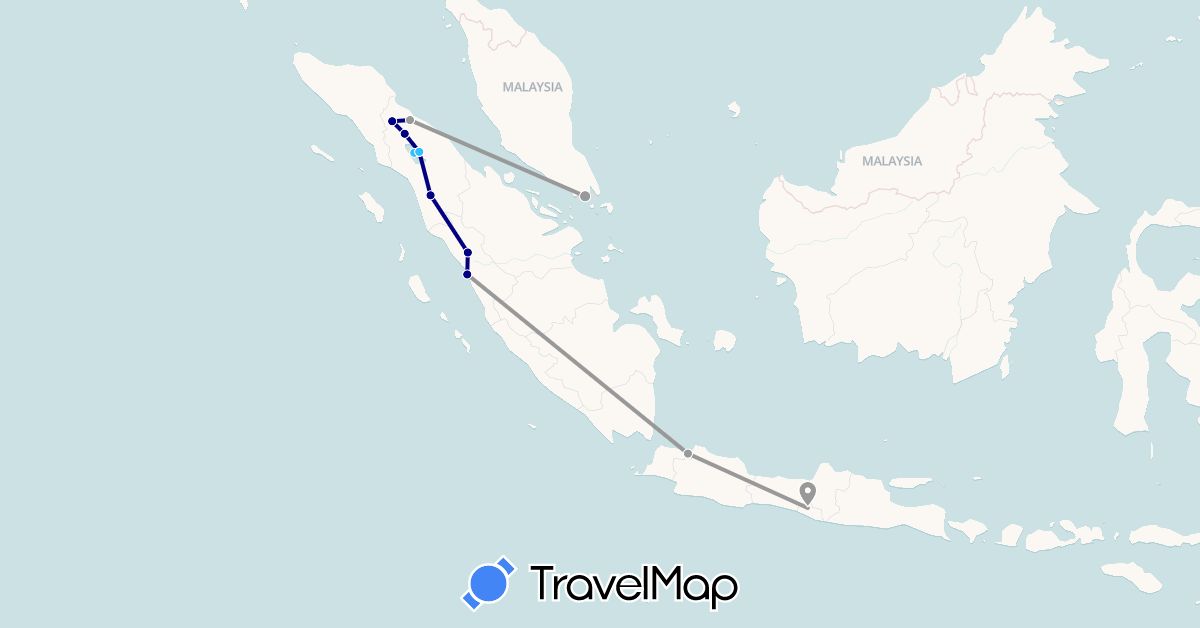 TravelMap itinerary: driving, plane, hiking, boat in Indonesia, Singapore (Asia)